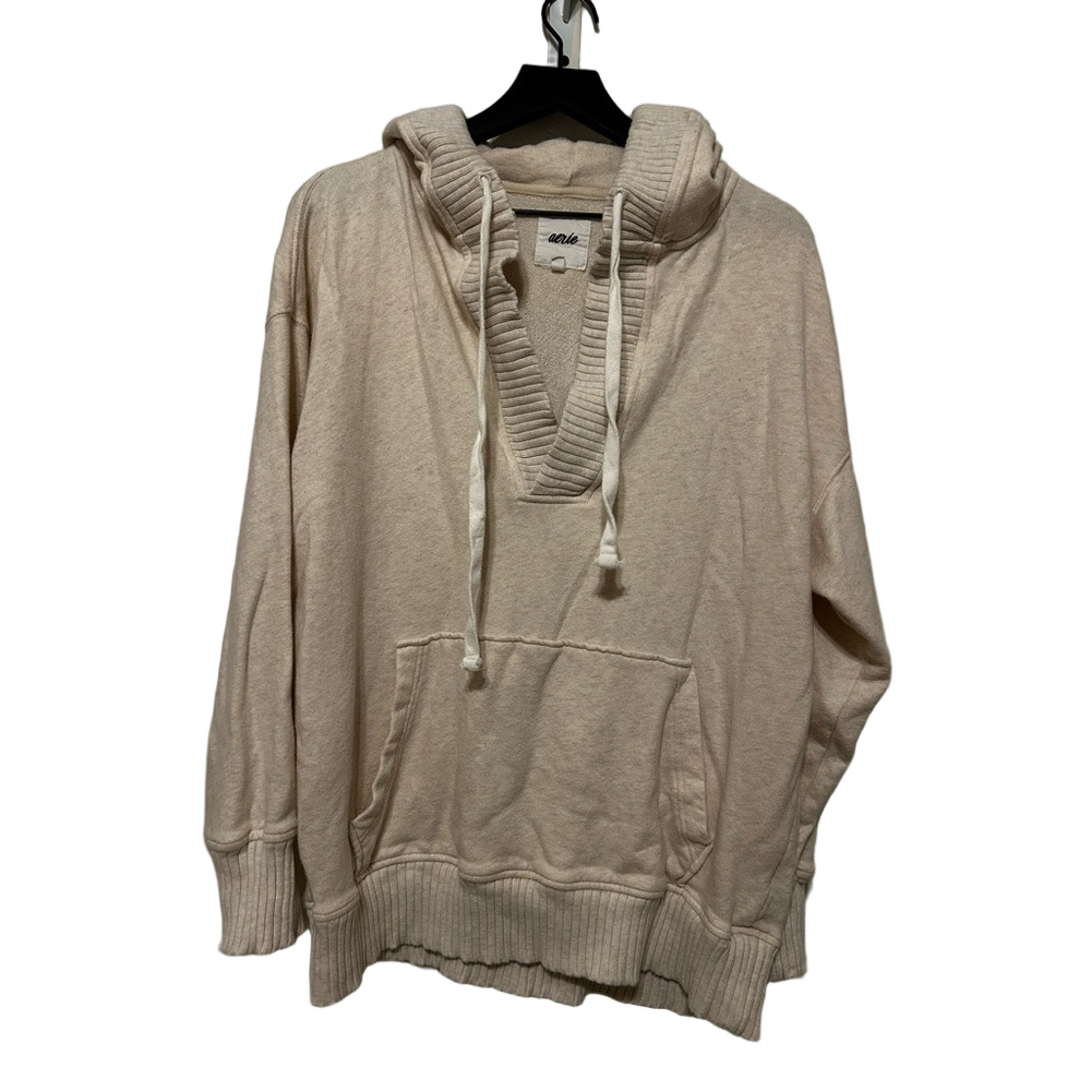 🪗Aerie Cream Women's Pullover Hoodie size M GUC down to earth Henley tan - Picture 2 of 5